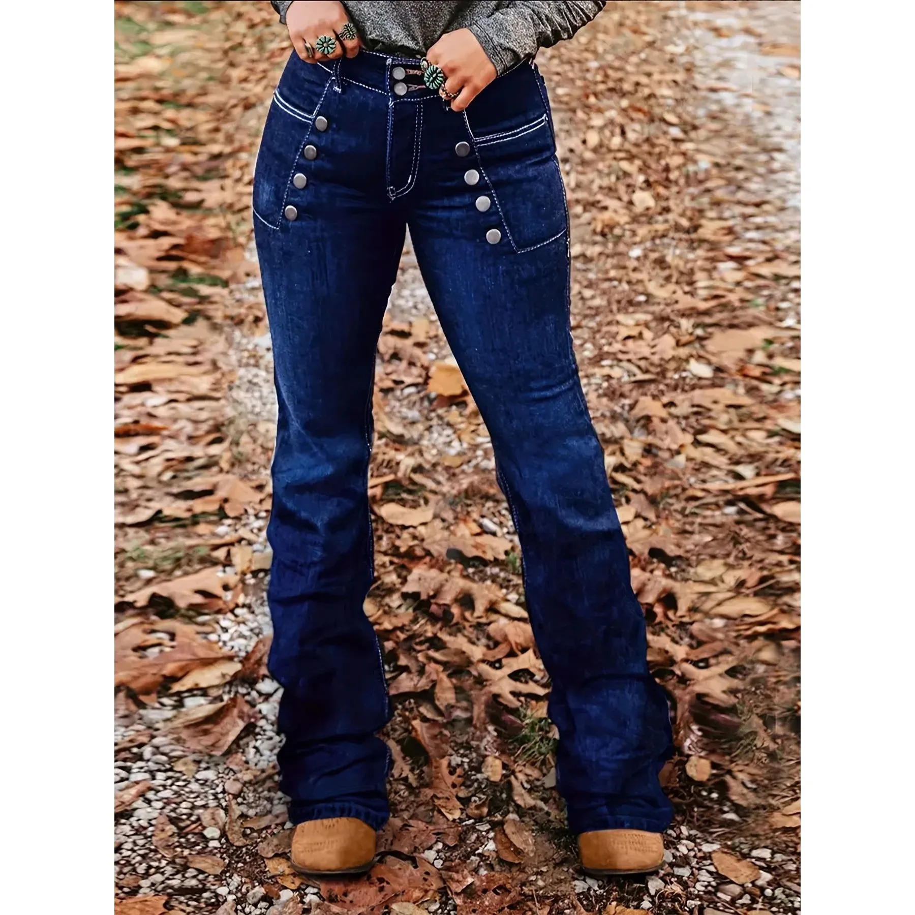 

Женские джинсы-клеш с высокой талией, эластичные, на пуговицах, темно-синие, из стрейч-денима, зимняя коллекция, ткань PU