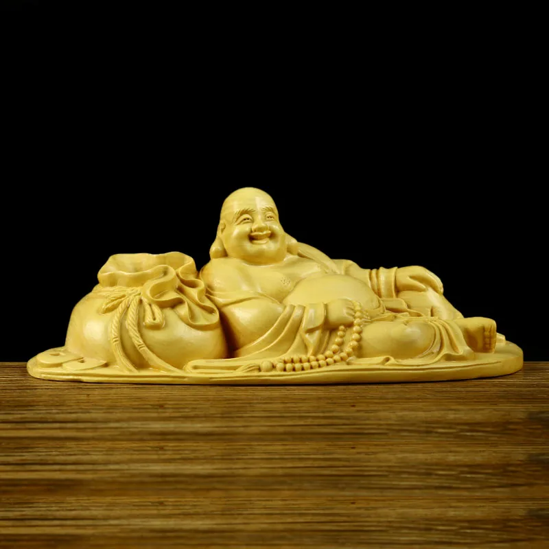 

14.8*7*5cm Boxwood Delicate Half-Handmade Classic Chinese Fengshui Maitreya Buddha Statue Home Car Office Putting Mascot