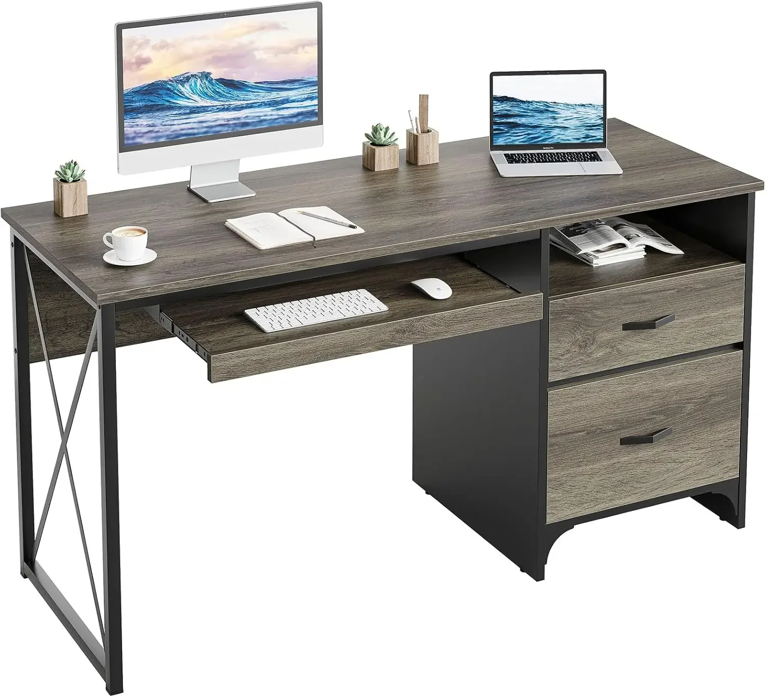 Bestier Office Desk with Drawers, 55 inch Industrial Computer Desk with Storage, Wood Teacher Desk with Keyboard Tray & File