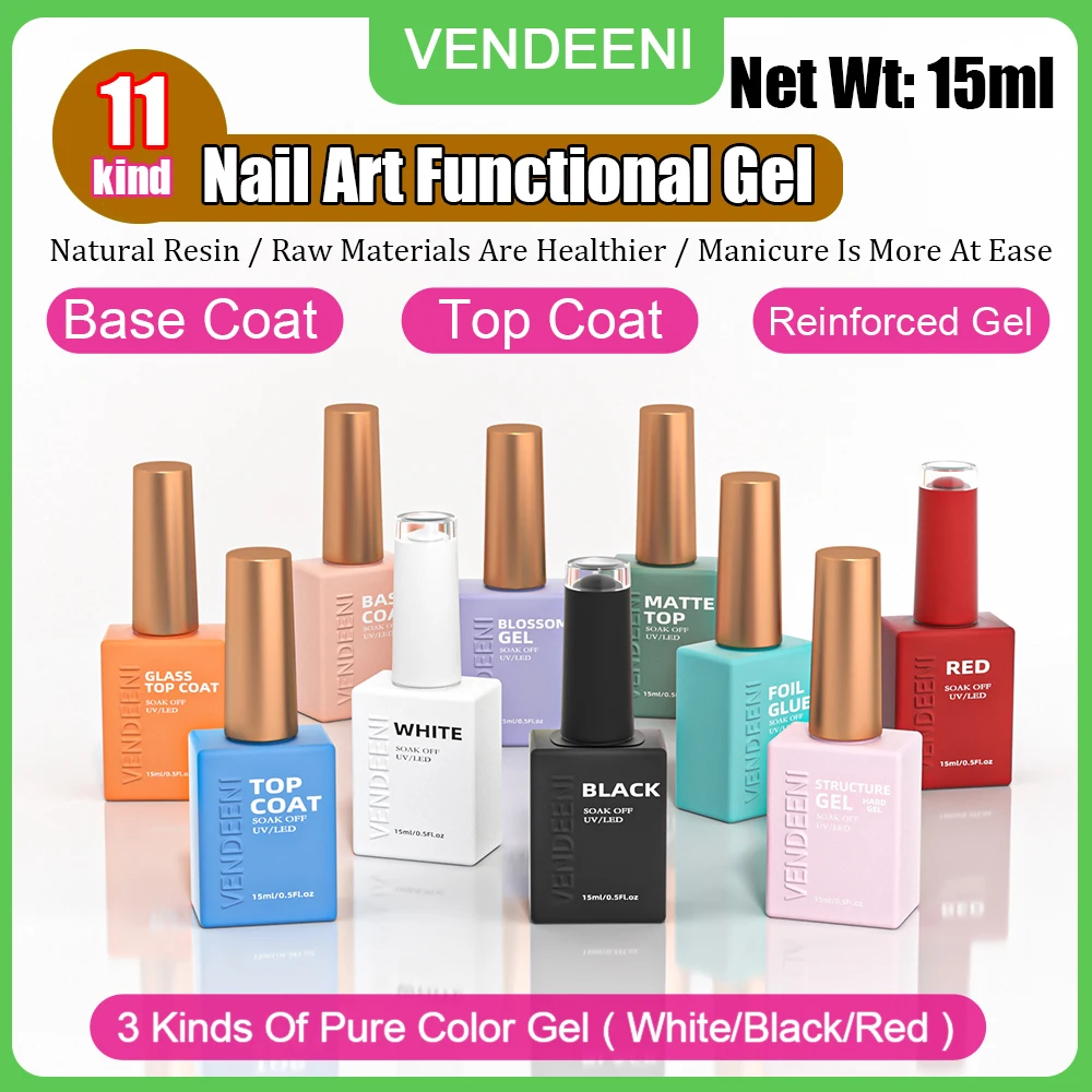 Vendeeni 11 Kind Nail Functional Gel Base Coat Top Coat Gel Nail Polish Black White Red UV Gel Varnish Transfer Gel Blooming Gel