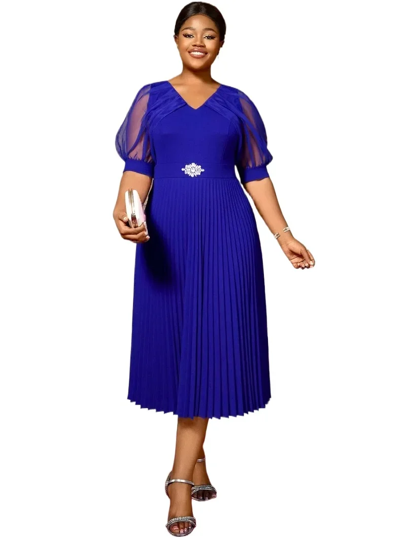 

plus Size African Midi Dress V-neck Half Sleeve Pleated Women's Summer Autumn Fashion Party Evening Outfit