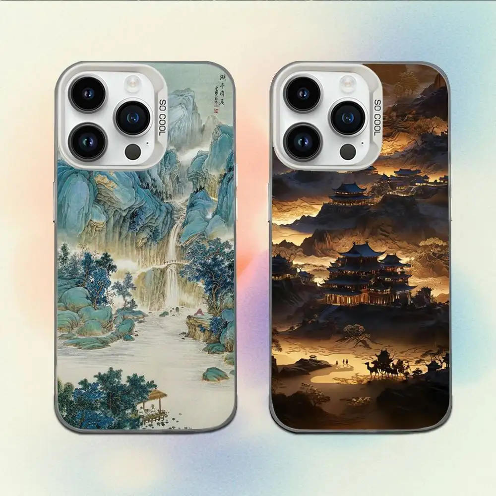 

Chinese Style Landscape painting art Phone Case For iPhone 16,15,14,13,12,11,Mini,Pro,E,MAX White Candy Matte Shockproof Cover