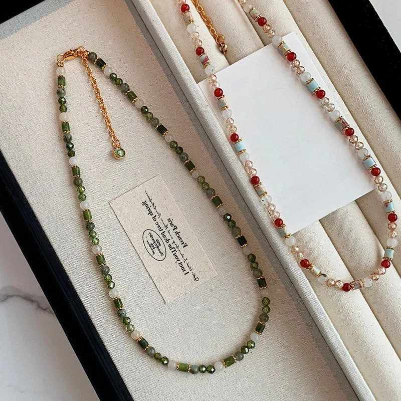 Minar Retro Contrast Color Natural Stone Crystal CZ Zircon Glass Beads Beaded Necklace for Women Real Gold Copper Chain Chokers