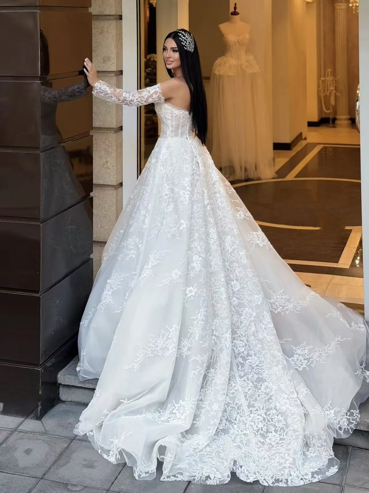 Luxury Off Shoulder Wedding Dress Detachable Long Sleeve Lace Bridal Gown Princess Ball Gown Long Train Custom Made Weddingsdres
