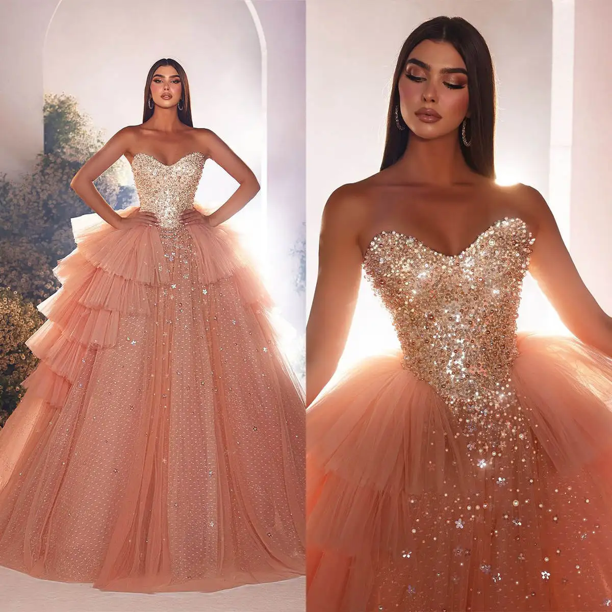 

Gorgeous Pearls Evening Dress Sequins Strapless Prom Gowns Tiered A Line Princess Party Dresses Custom Made