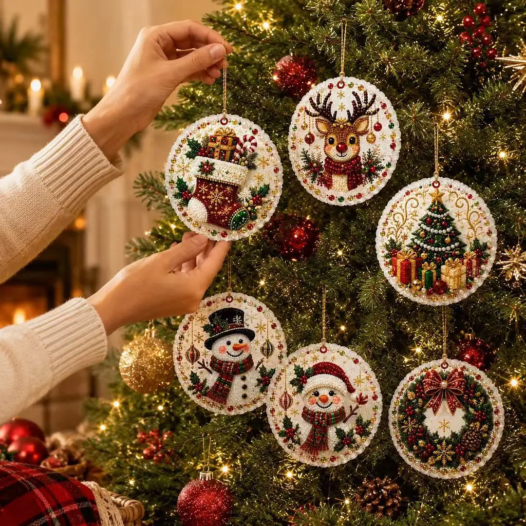 6-teiliges Weihnachts-Perlen-Diamant-Malerei-Set 5D Vollrunde DIY-Diamanten für Weihnachtsbaum-Hängedekoration, Weihnachtsdekoration
