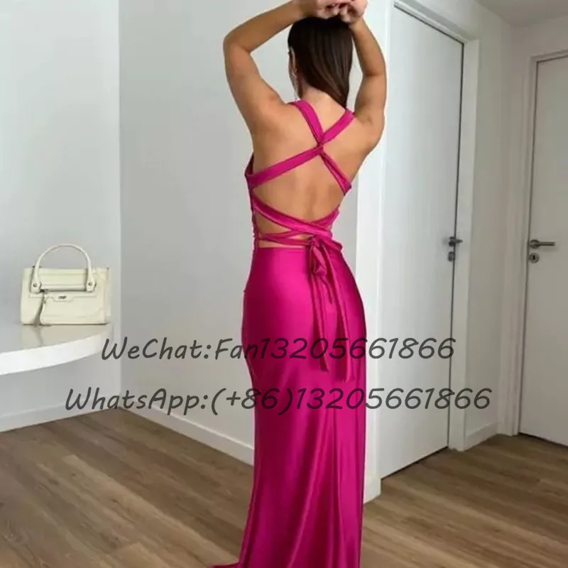 Fuchsia Long Mermaid Bridesmaid Dresses Criss-cross Backless V-neck Sleeveless Wedding Guest Dress Sexy Women Prom Party Gown