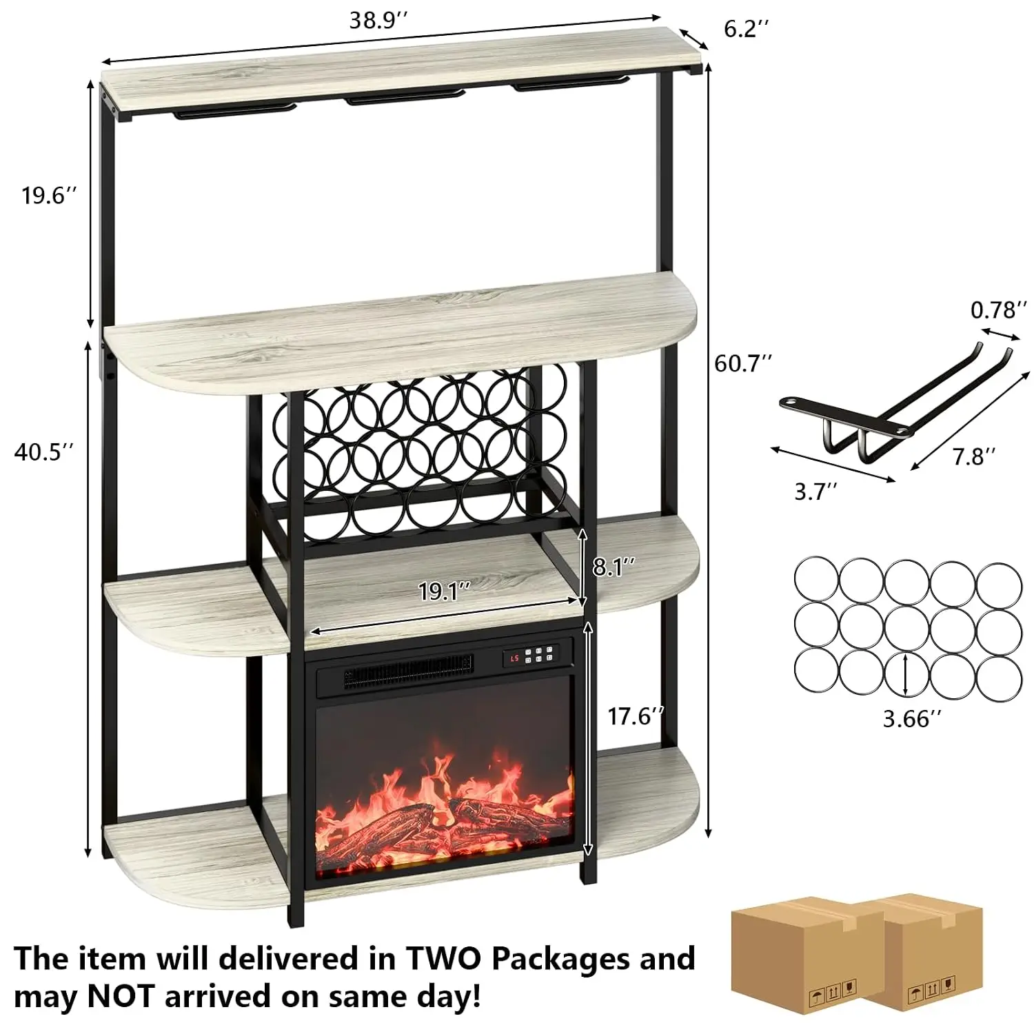 Mini Bar Cabinet With Fireplace & Power Outlet, LED Wine Table With 4-Tier Storage Rack & Glass Holder, Tall, Customized