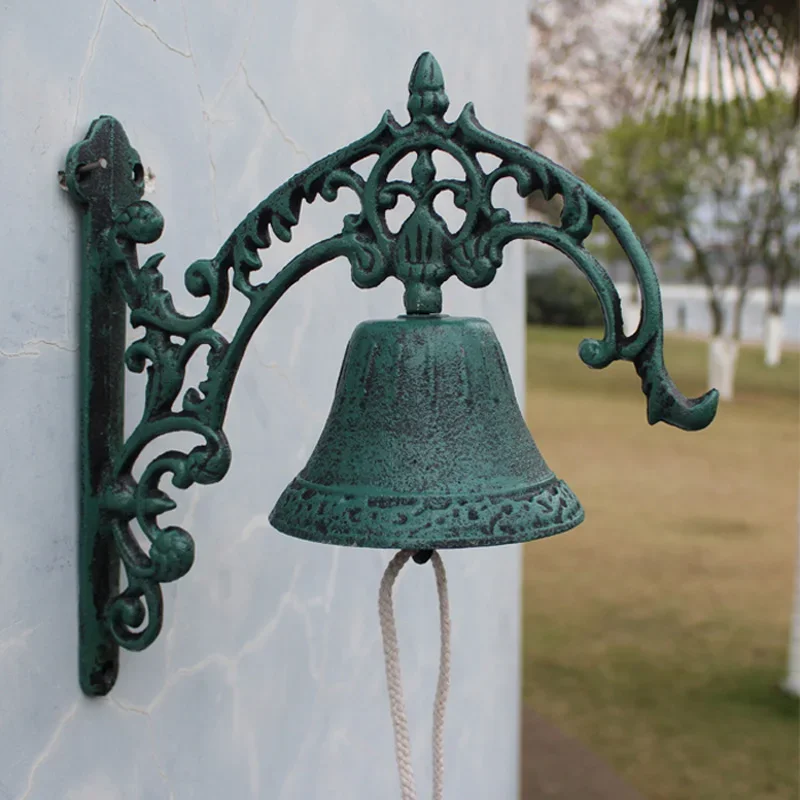 

Cast Iron Wall Mounted Hand Cranking Welcome Bell Vintage Green Big For Front Door Decor Traditional Heavy Craft