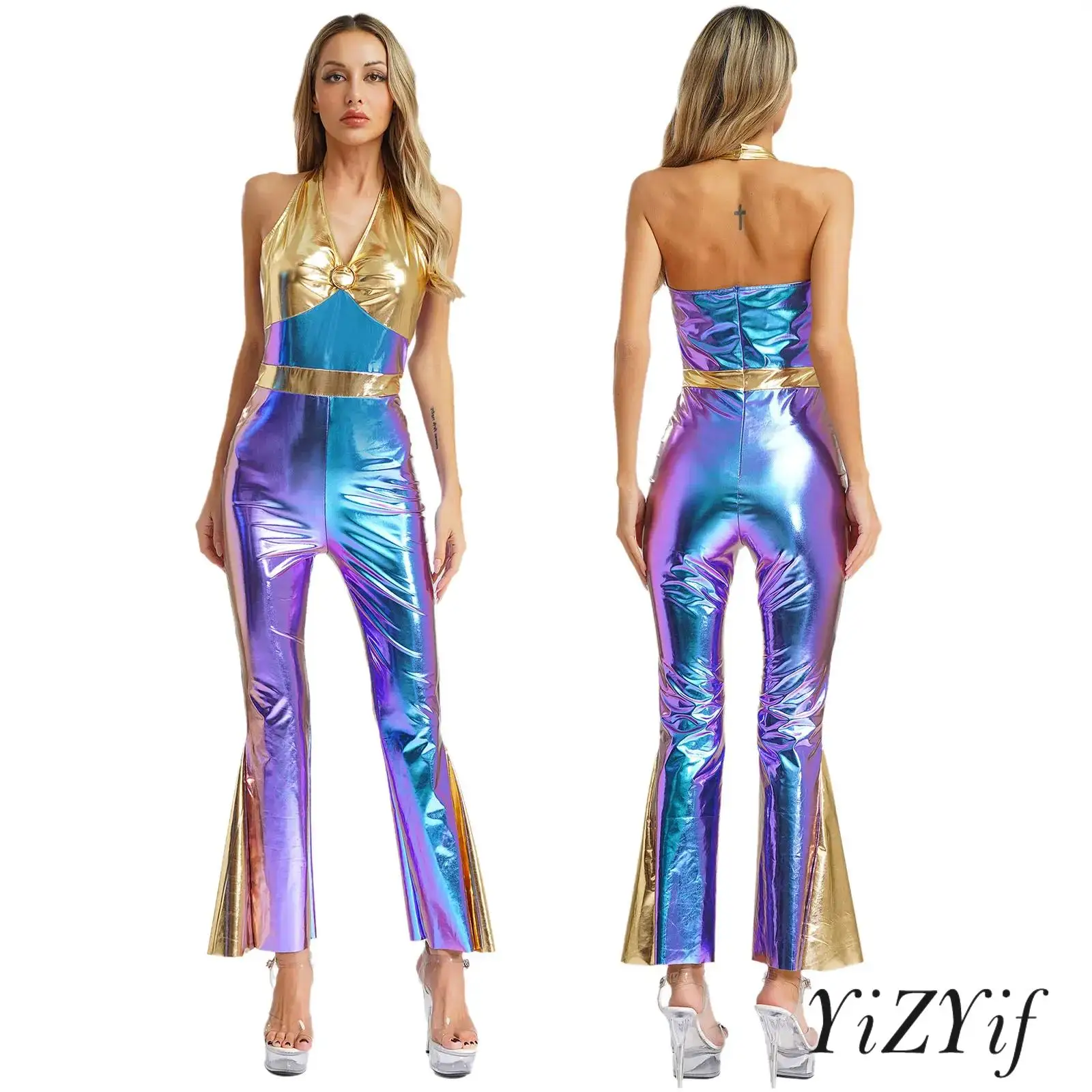 

Women Shiny Metallic 70s 80s Disco Dance Outfit V Neck Halter Sleeveless High Waist Flared Jumpsuit Halloween Dance Prom Costume