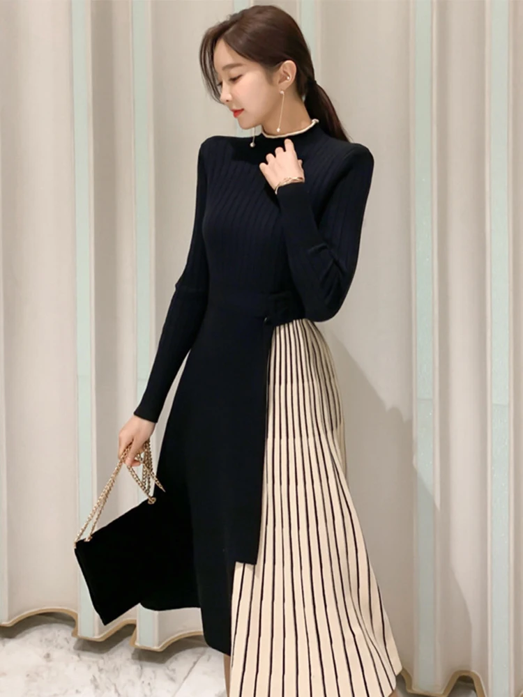 Autumn Winter Elegant Women Midi Dress Lady Vintage Casual Chic Knitted Black Stretchy Belt Pleated Street Robe Femme Vestidos