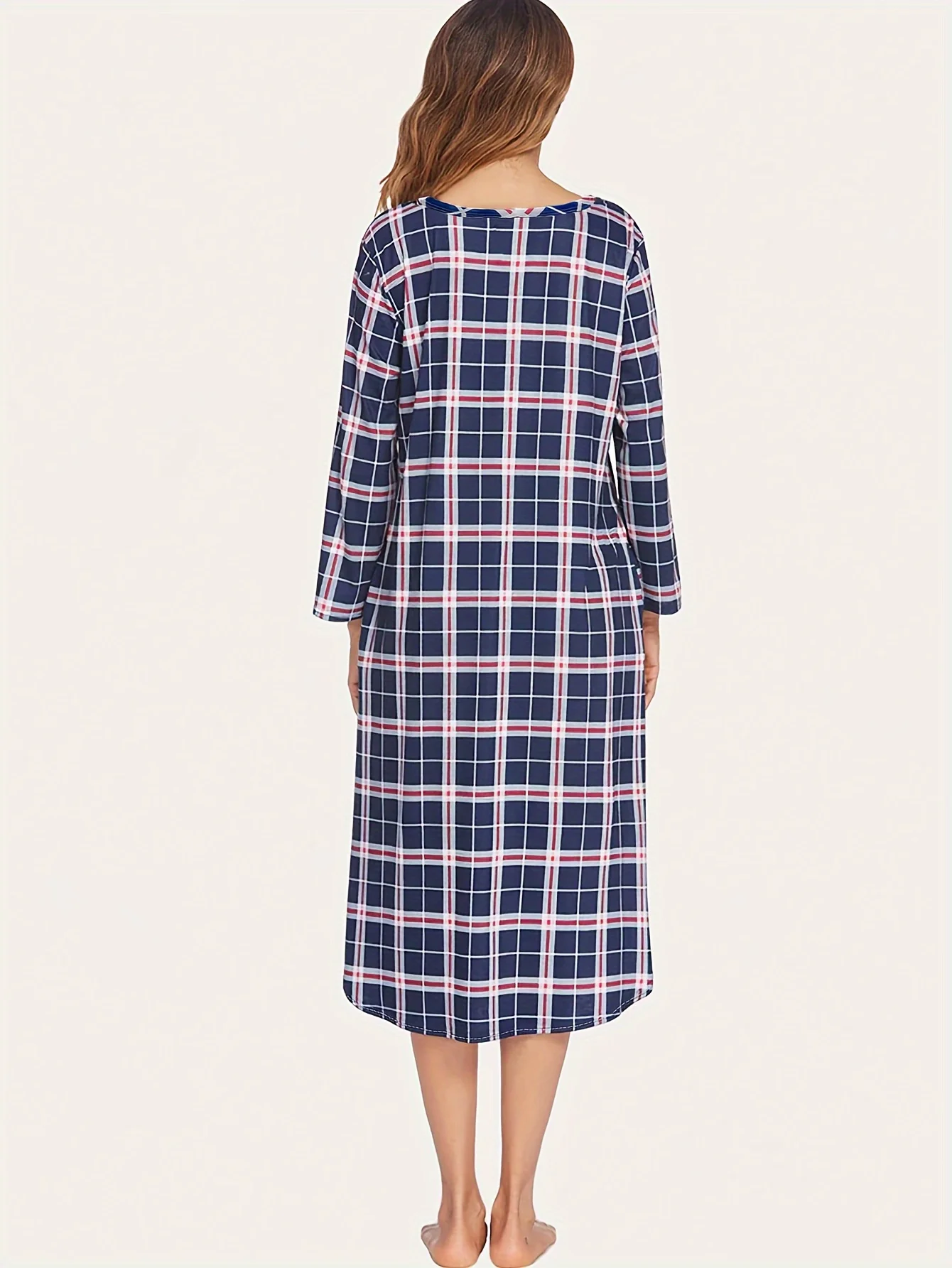 Nightdress women\'s mid-length plaid pajamas long dress home dress loose casual spring and winter long sleeves