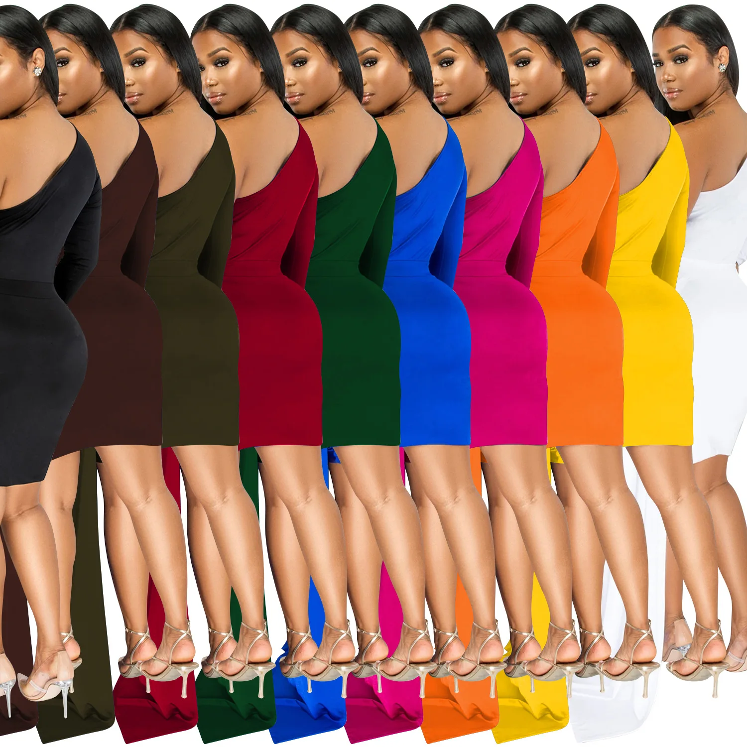 Nieuwe mode effen kleur enkele mouw casual diagonale kraag jurk dameskleding slank temperament sexy high-end kleding danc