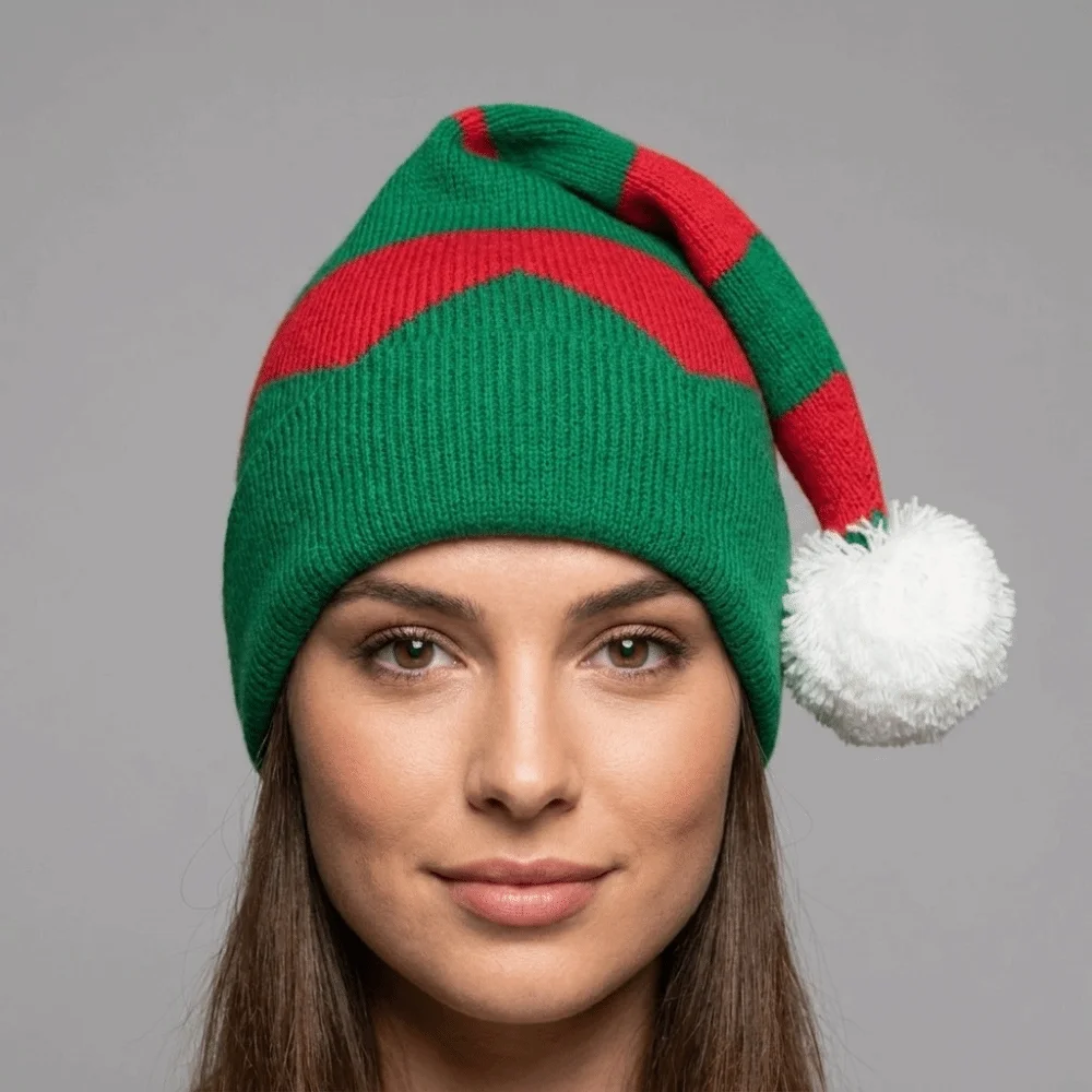 Santa Claus Christmas Knitted Hat Merry Christmas Hat Green Red Santa Beanie Hat Crochet Warm Striped Hat Happy New Year