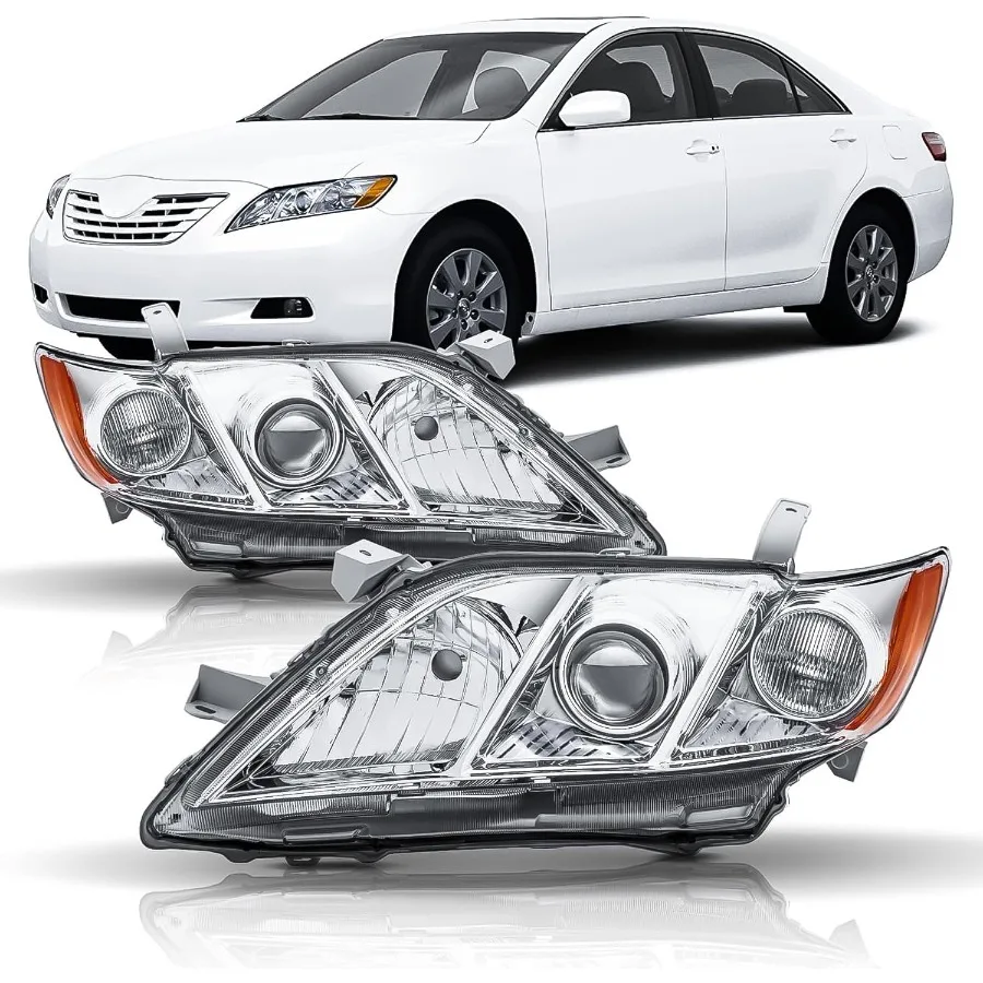 

Headlight Assembly Compatible with 2007 2008 2009 Camry Base CE LE XLE US Version Chrome Housing Amber Reflector for Enhanced