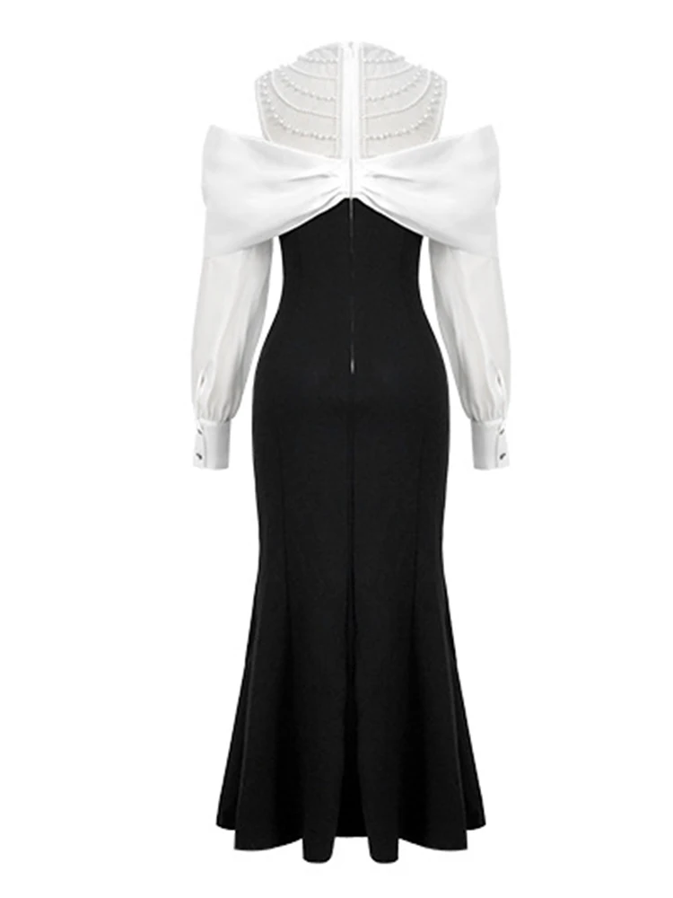 Feminino elegante feestjurken dameskleding wit zwart patchwork glanzende diamanten boog holle fishtail gewaad prom vestidos fiesta