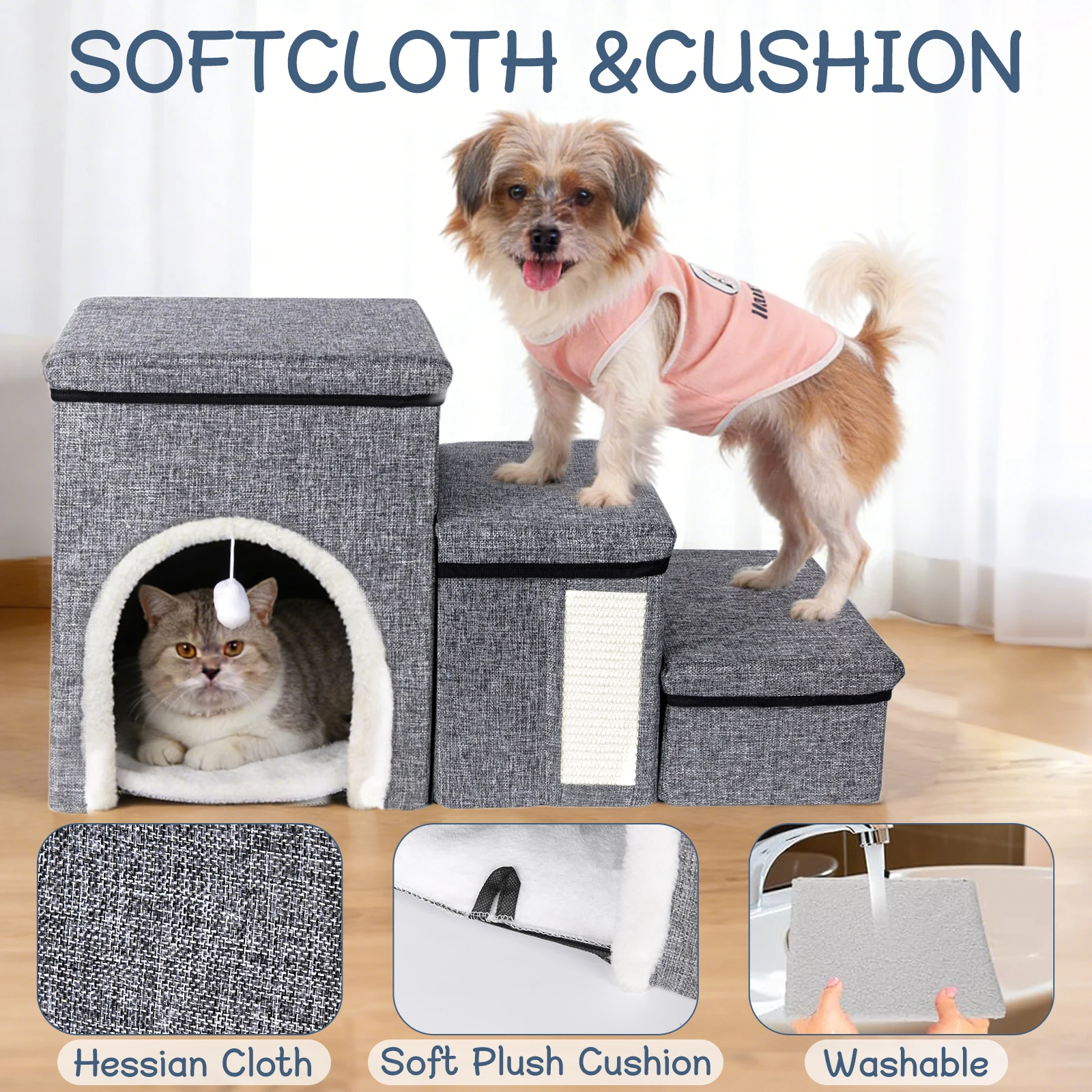 Pet Stairs Foldable Dog 3 Steps Ladder with Storage and Pet House for Older Dogs Pet with Joint Pain Sofa Bed Ladder Accessories view 3