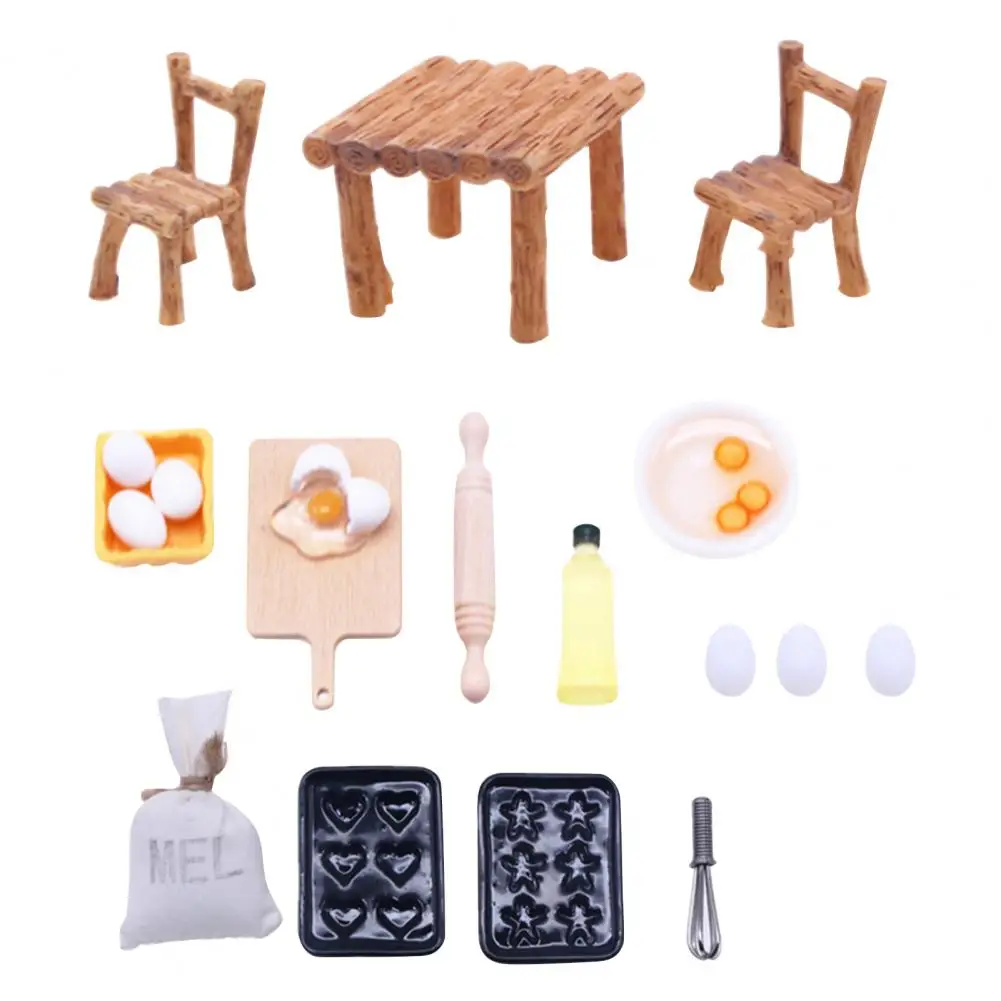 Móveis de madeira realistas para cenas de cozimento, Dollhouse Mini Baking Utensílios, modelo encantador