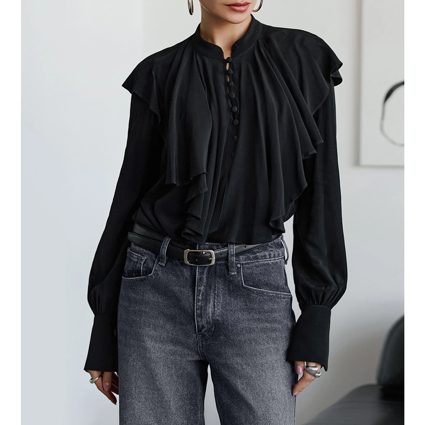 

Loose Long Sleeve Shirt with Lantern Sleeves Stand Collar Lace Trimmed Chinese Style Women's Casual Fashion Top