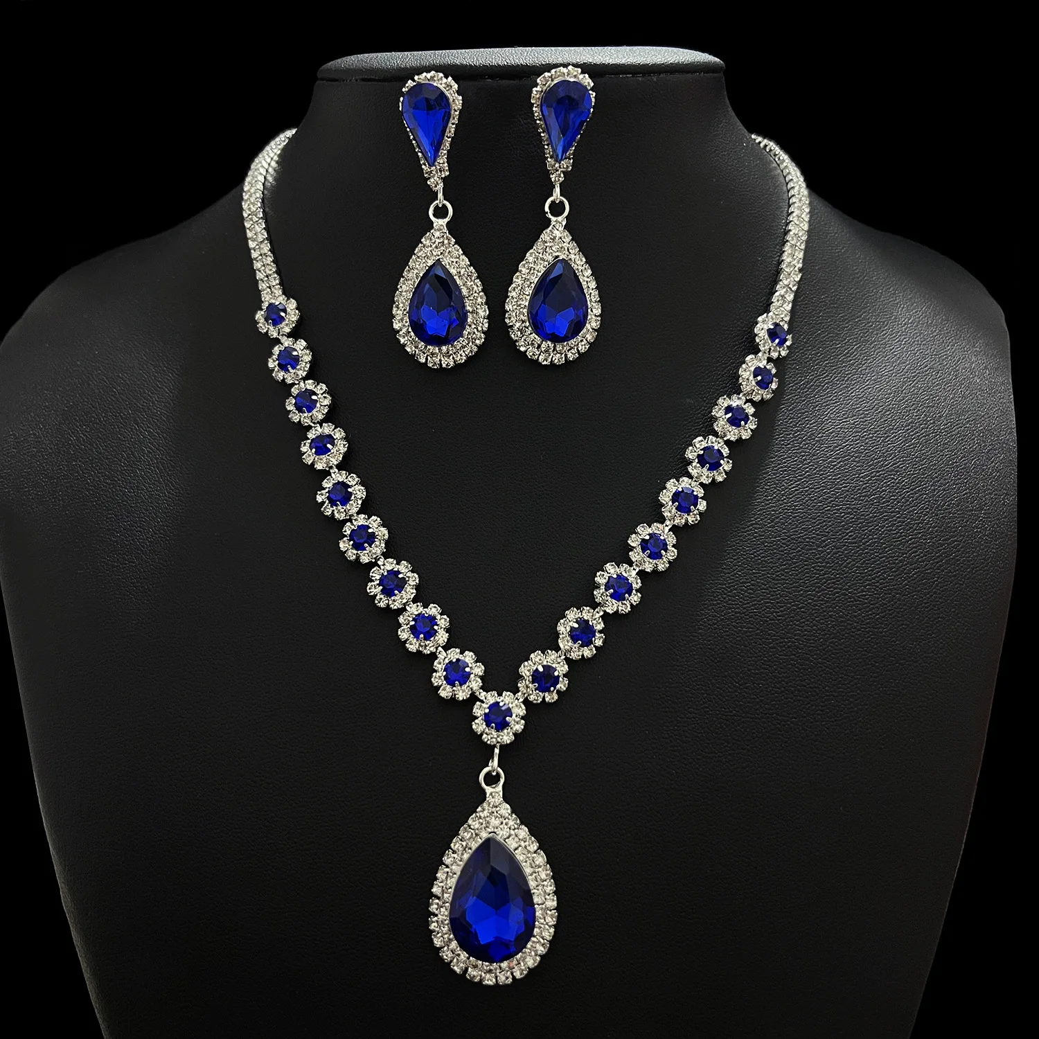 Cross-border water drop crystal necklace and earrings set for women; two-piece jewelry set