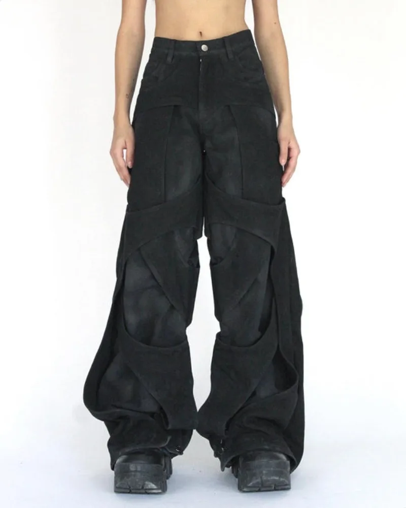 Y2K Street Vintage New Openwork Striped Baggy Jeans Men Harajuku Fashion Hip Hop Pop Dance Rock Skateboarding Wide Leg Pants