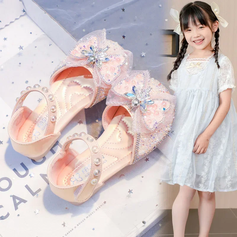 

Girls Princess Shoes Shiny Sequins Sweet Fairy Kids Half Sandals Round Toes 2025 Summer New Children Beach Shoes Wedding Cute