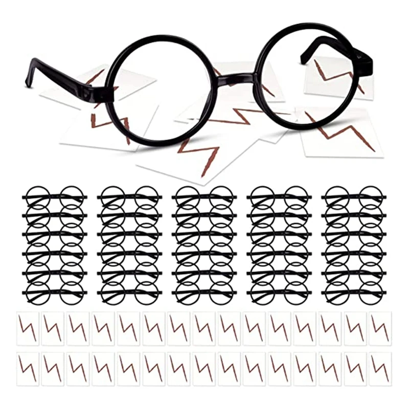 30 Pieces Wizard Round Glasses Frame No Lenses Eyeglasses Plastic With 30 Pieces Bolt Tattoos For Kids Halloween Party