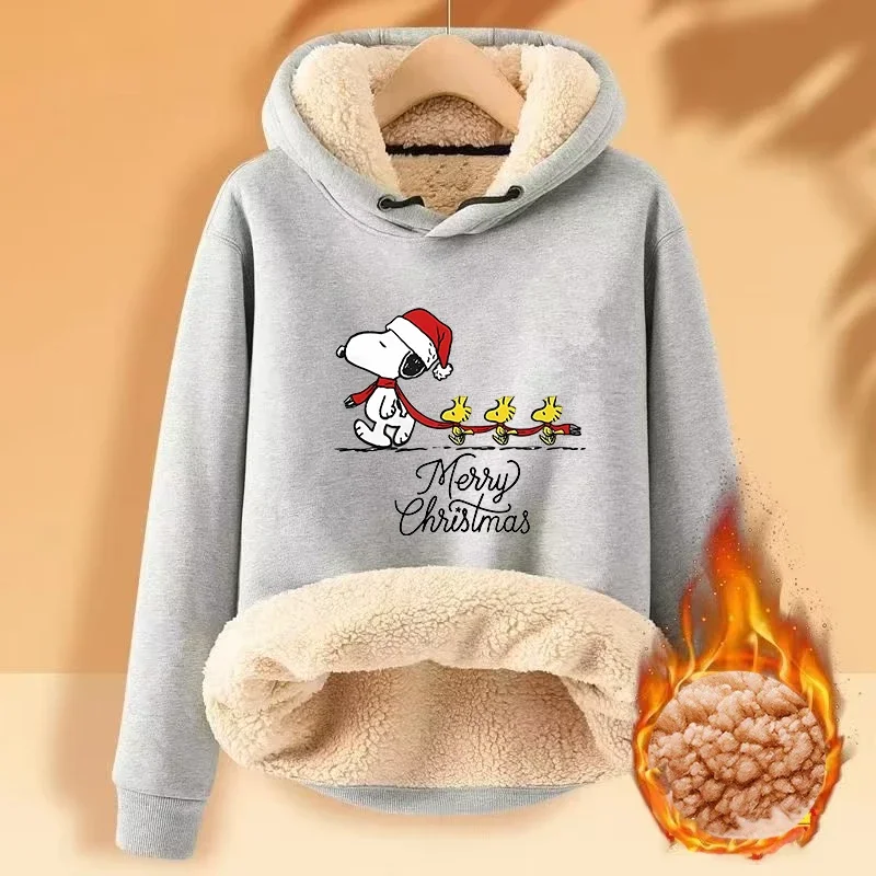 Snoopy Winter Lambswool Hoodies Thicken Warm Windproof Sweatshirts Print Hooded Pullover Loose Women Xmas Hoodies Velvet gifts