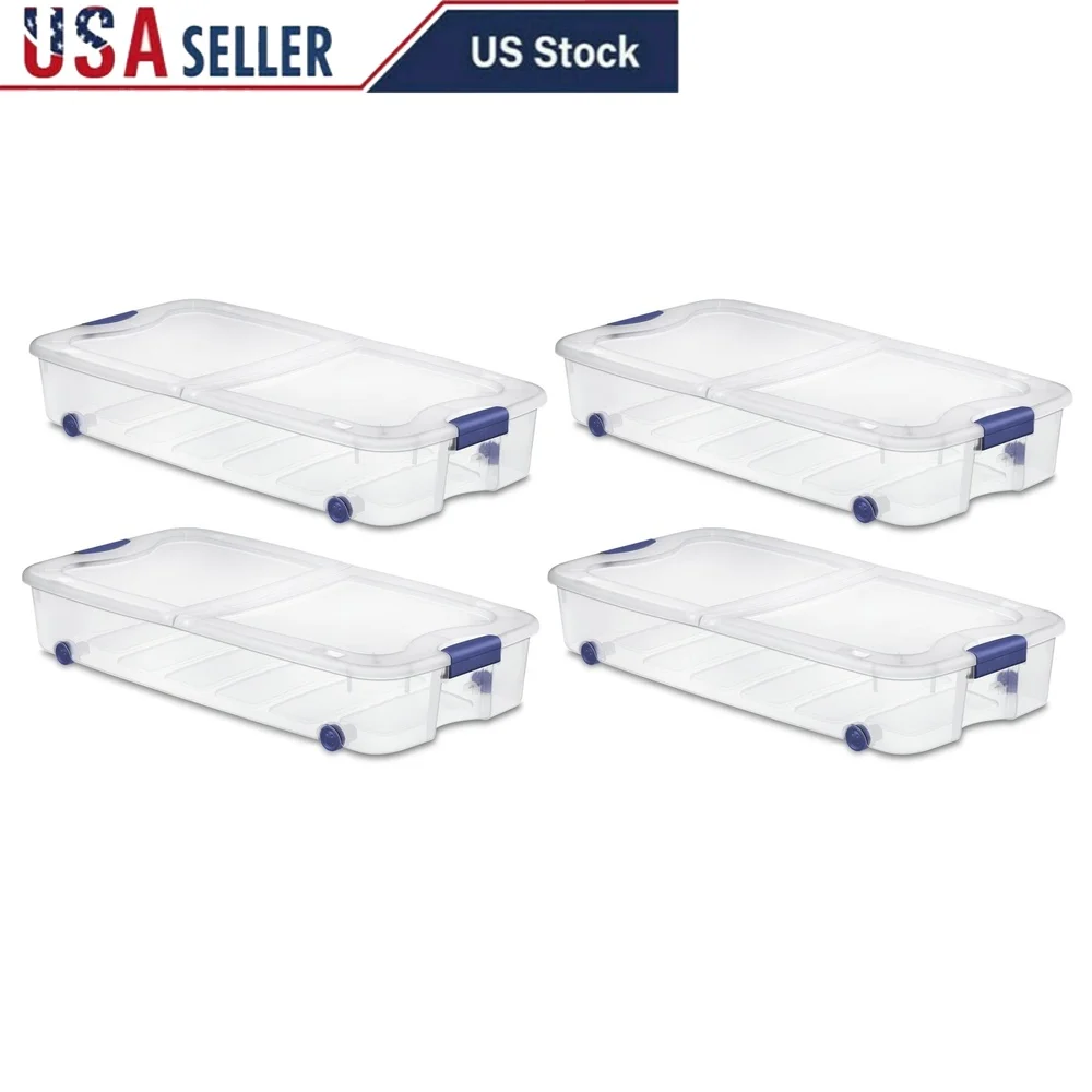 

66 Quart Clear Underbed Storage Bins with Latch Lid and Wheels Pack of 4 Ideal Organizing Bedding Clothes Gifts and Keepsakes
