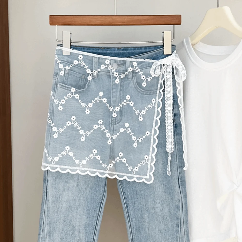

Trendy Jeans Decor Lace Fart Curtain Pretty Y2K Women's Scarf Versatile Slim Fit Mini Skirt Summer