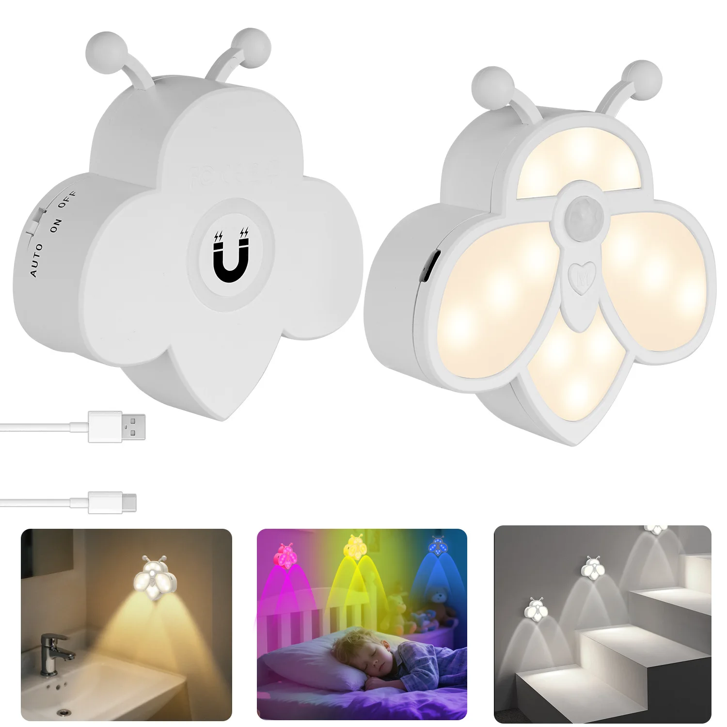 

Ночник Bee Motion Sensor с датчиком движения, WWRGB, меняющий цвет, USB-C, перезаряжаемый, беспроводной, светодиодный, настенный светильник, магнитный, для детской спальни, прихожей
