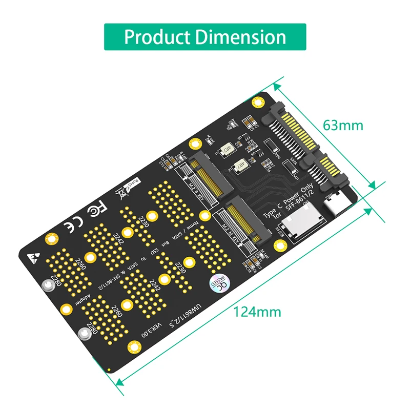 M2 SSD Adapter M.2 SATA SSD B Key to SATA 3.0 + M.2 NVME SSD M Key to SFF-8611 Riser Type C Power for 2230 2242 2260 2280 M2 SSD