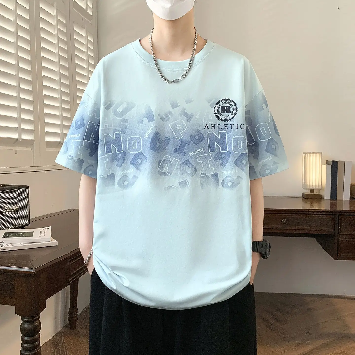 Men's Casual Short Sleeve T-Shirt with Letter Print Round Neck Loose Fit Breathable Summer Tee