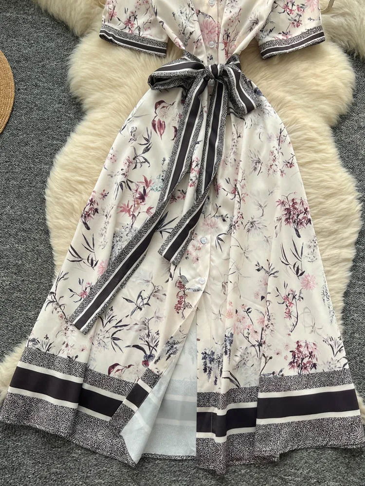 Vestido Largo de Verano para Mujer con Estampado Floral, Cintura Ajustable con Lazo, Manga Corta y Cuello Csero