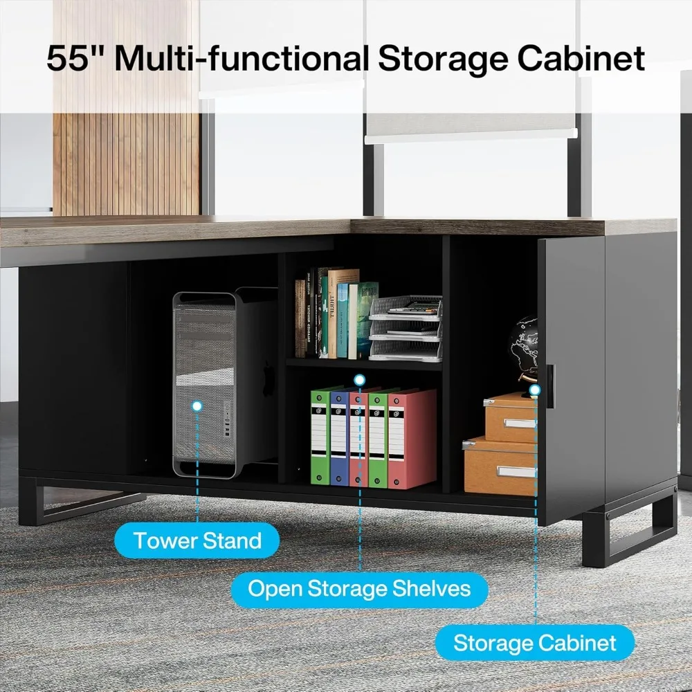 70.8-Inch Executive Desk with 55-Inch File Cabinet, Large L Shaped Computer Desk with Storage Cabinet and Shelves,Industrial