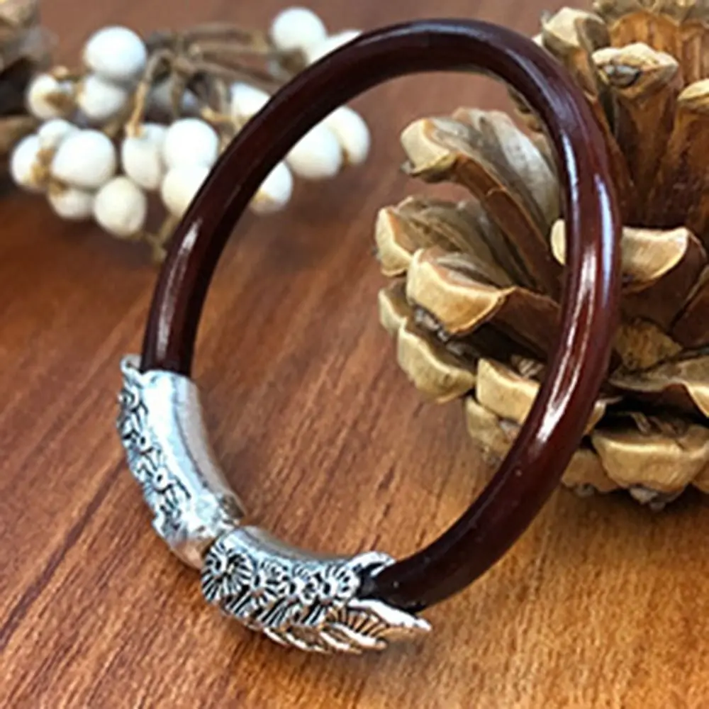 Ethnic Style Rosewood Bracelet No Knot Adjustable Opening Bangles Wooden Tibetan Silver Chicken Spatholobi Bracelet Female