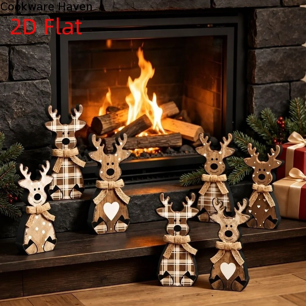 6PCS Wooden Christmas Reindeer Ornaments 2D Flat Retro Animal Figurines Craft Double-Sided Printing Holiday Tabletop Decor
