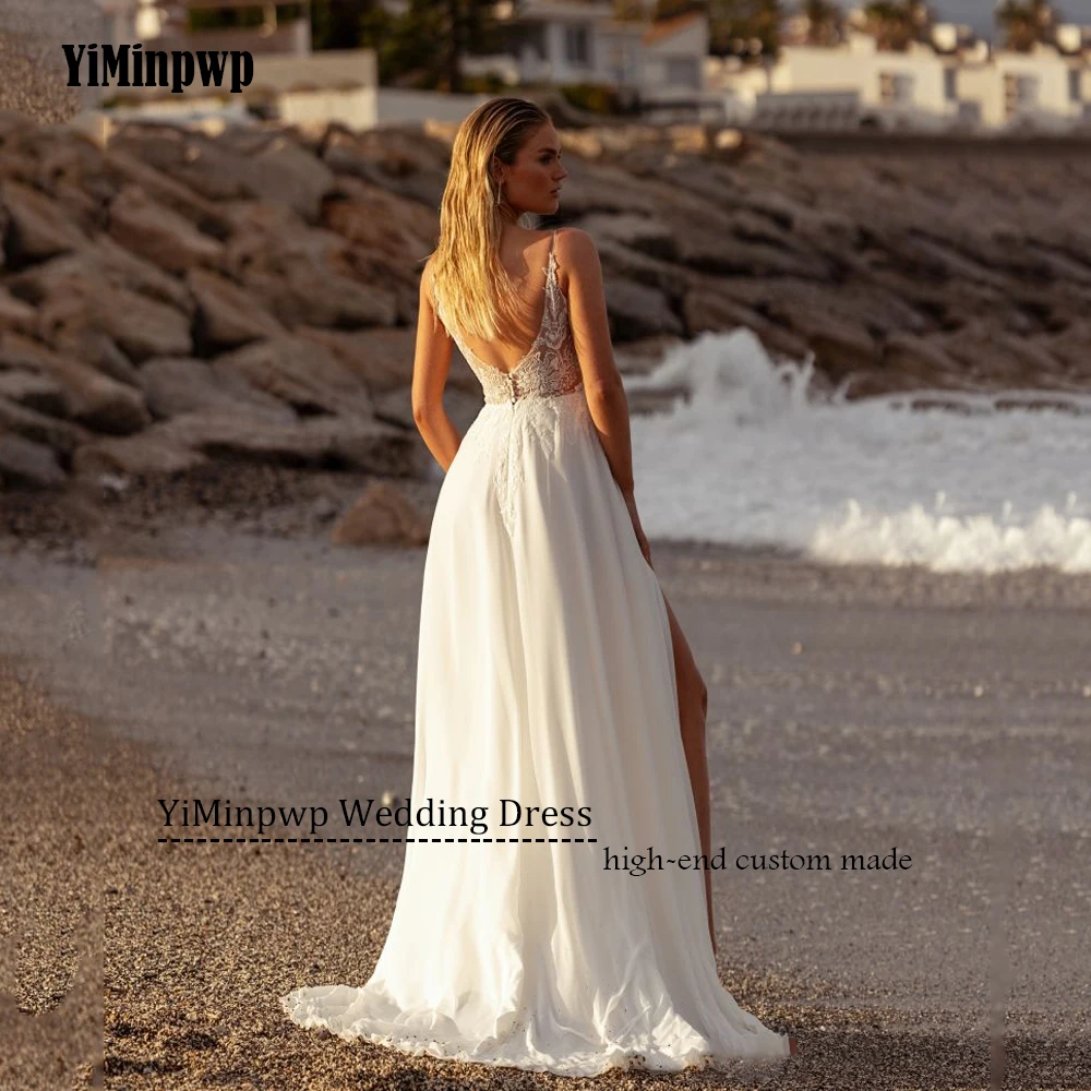 Vestidos de novia de playa con abertura lateral, apliques de gasa, vestidos de novia bohemios, vestidos de novia con espalda descubierta, tren de barrido personalizado