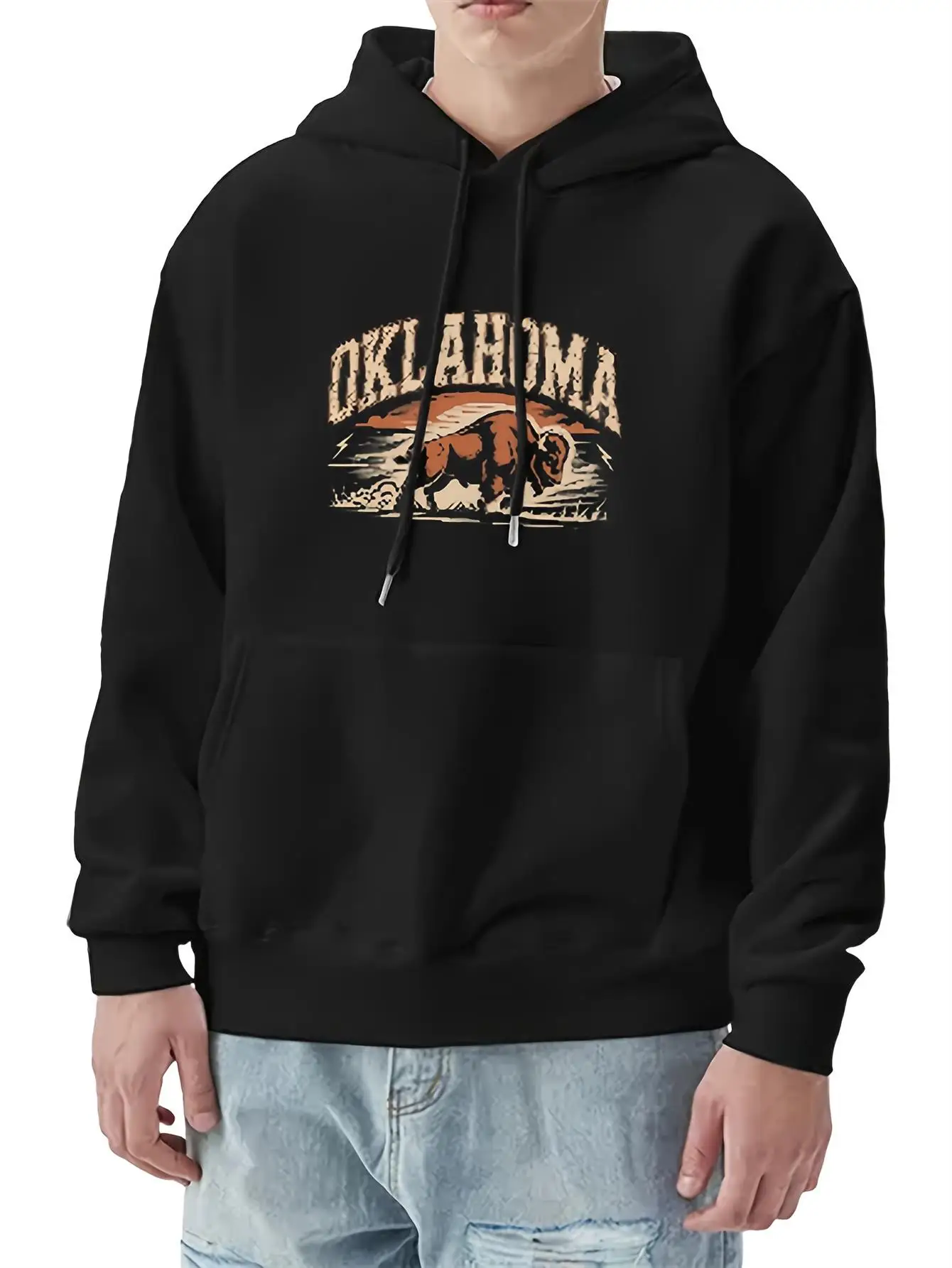 

Мужская толстовка с капюшоном и принтом ковбойского черепа быка Oklahoma State Lettering — свободный пуловер большого размера с передним карманом