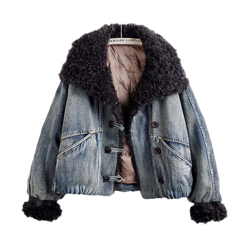 

High Quality Lamb Fur Collar Warm Down Liner Denim Jacket Autumn Winter Women Cowboy Outerwear Casual Loose Short Jeans Jacket