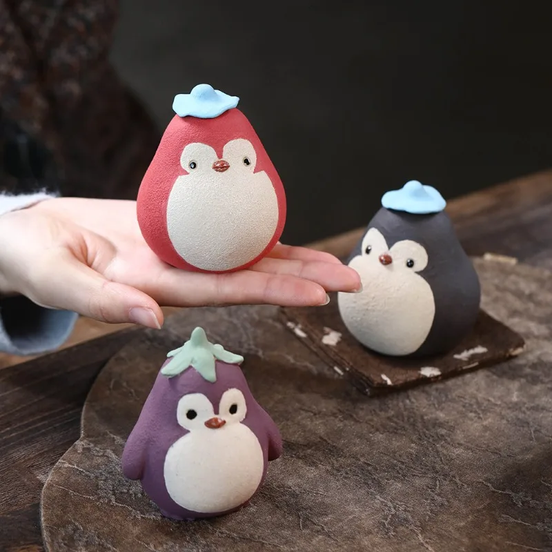 Purple Clay Penguin Eggplant Tea Pet Handmade Pink Slurry Figurine Creative Chicken Multi-Function Teapot Lid Holder Home Decor