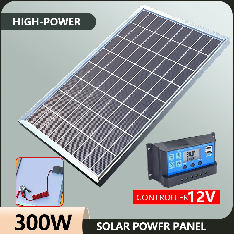 Kit Painel Solar de energia policristalina, Gerador solar portátil de célula recarregável ao ar livre para casa, Concluído 12V, 300W