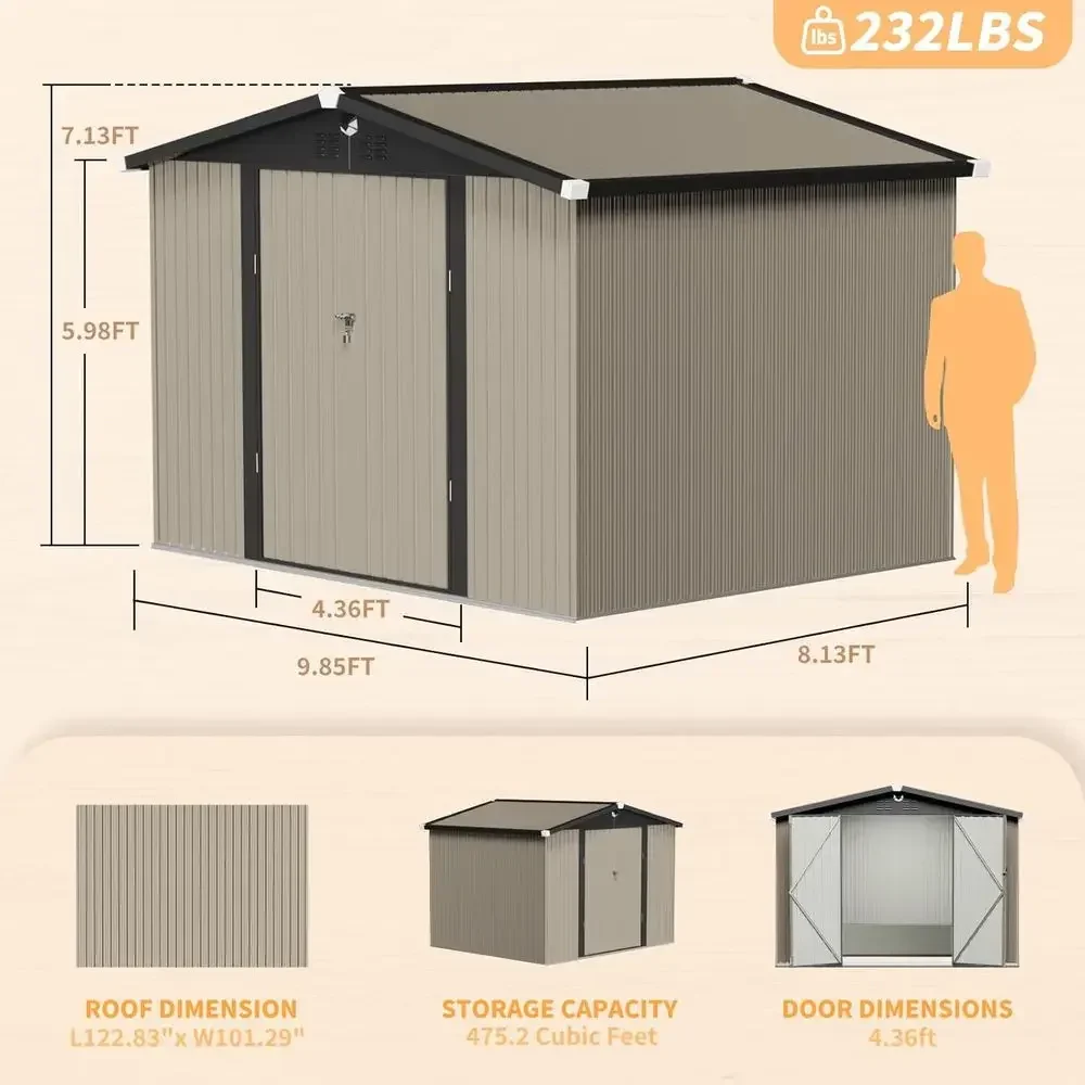 10x8 Durable Metal Outdoor Storage Shed with Waterproof Features and Secure Lockable Door