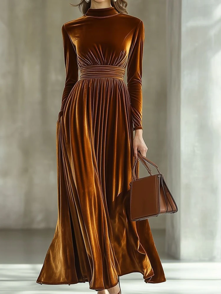 Langärmliges, schlichtes, elegantes Urlaubskleid, Damen-Herbst-Winter-Maxikleid mit halbhohem Kragen, solides Patchwork-Damenkleid