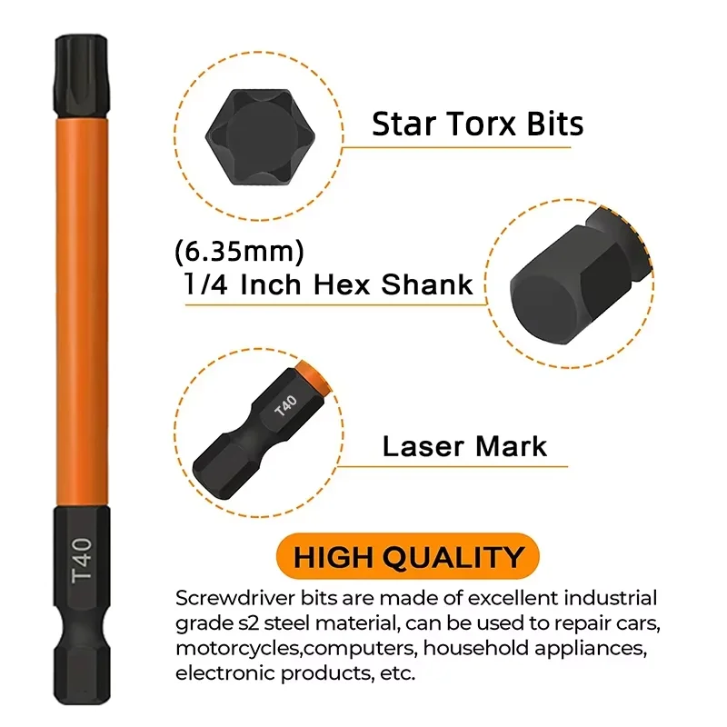 13 peças 100mm conjunto de bits torx estrela bits 1/4 Polegada haste hexagonal resistente à violação chave de fenda com ponta magnética