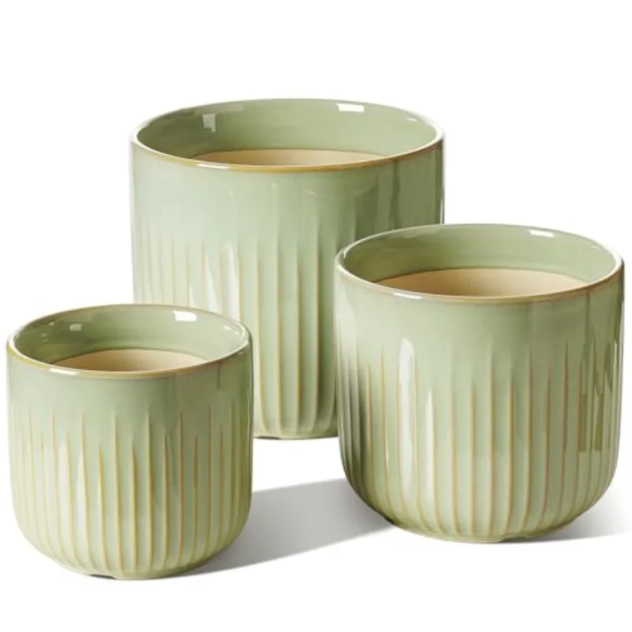 

Керамические горшки для растений 8.3/7/6 дюймов, комнатные кашпо с дренажными отверстиями, сетчатые, современные, глянцевые, цилиндрические, рифленые