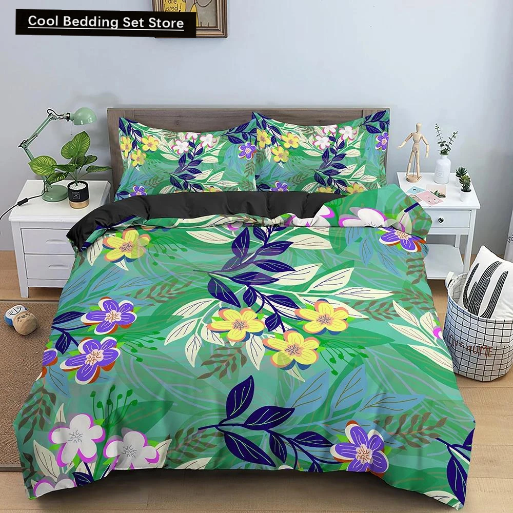 

Flowers King Queen Duvet Cover 3D Colorful Floral Printed Polyester Bedding Set for Teens Adults Women Leaves Soft Quilt Cover