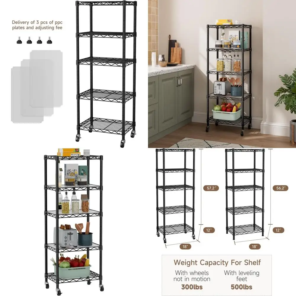 

5-Tier Adjustable Metal Wire Shelving Unit with Wheels for Kitchen, Laundry, or Pantry - 12 Deep, 18 Wide, 57.2 High, Black