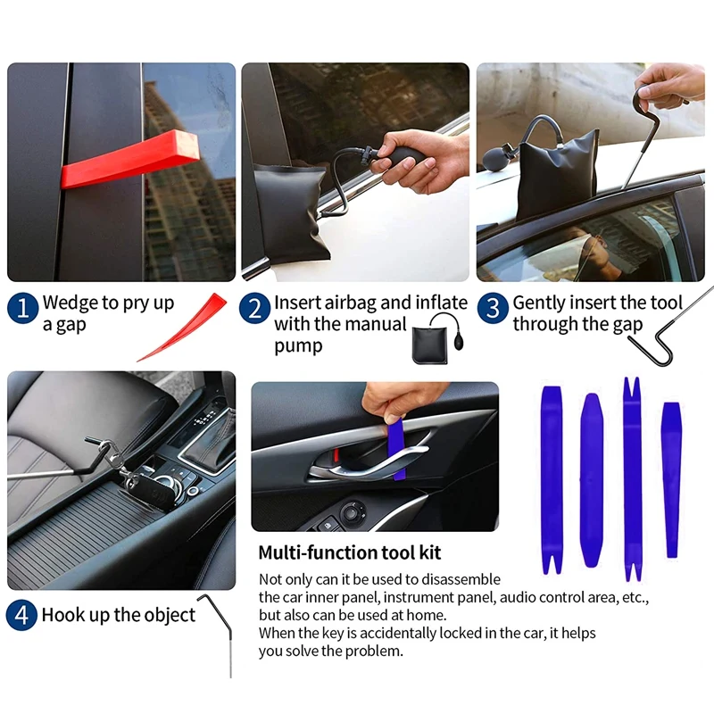 14Pcs Car Essential Emergency Lockout Kit Air Wedge Pump Easy Entry Long Grabber Non Marring Wedge Multifunctional Tool