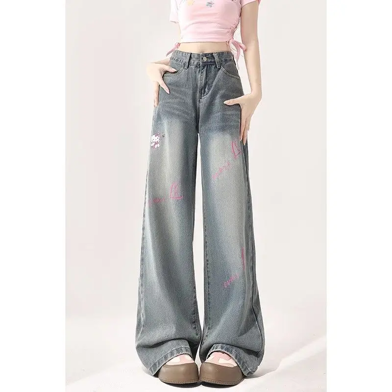 

Летние прямые джинсы Hello Kitty Girl Sanrio с мультяшным принтом, осенние свободные широкие брюки с высокой талией, кавайные брюки для мытья полов